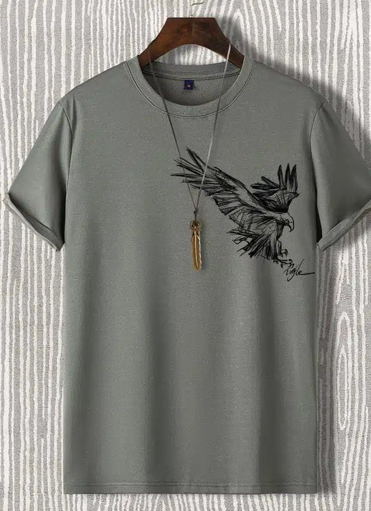 Round Neck Printed T-shirt for Men (Grey, M)